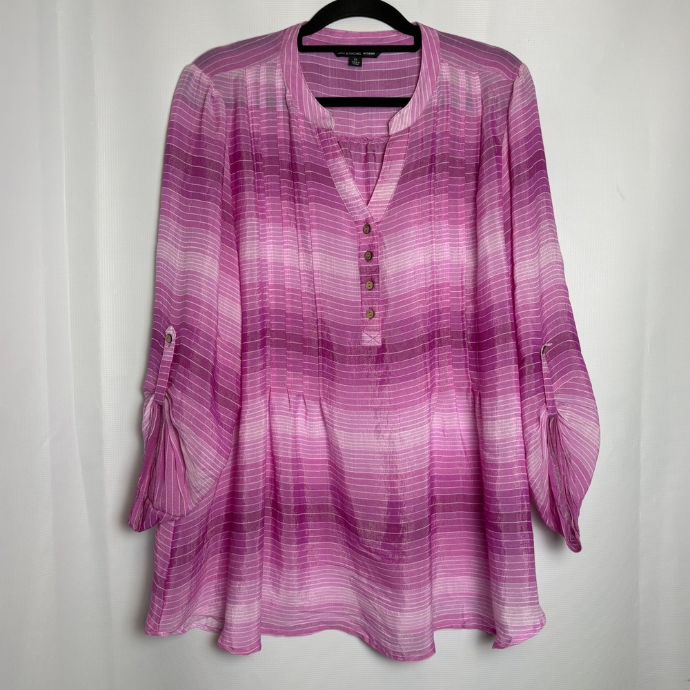 Zac & Rachel Woman Plus 2X Pink Ombre Stripe‎ Roll Tab Sleeve Tunic Top Career